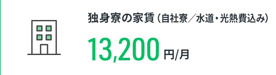 【独身寮の家賃】13,200円/月（自社寮／水道・光熱費込み）